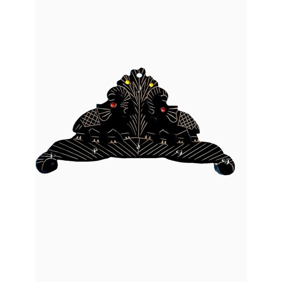 Handcrafted Wooden Key Chains Hanger Elephants 6 Metal Hooks Brown Black Color - Picture 1 of 9